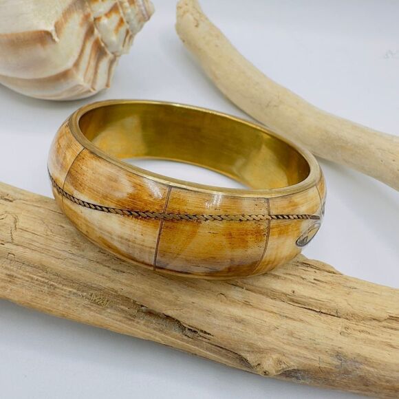 Vintage Brass & Bone Bangle Bracelet - Picture 4 of 6